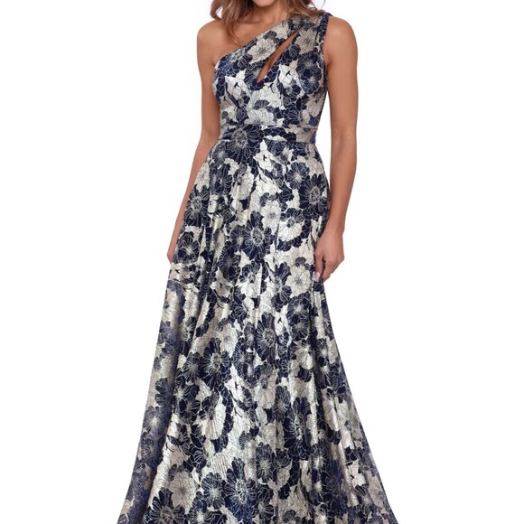 Betsy & Adam Metallic-Floral One-Shoulder Gown - Picture 1 of 1